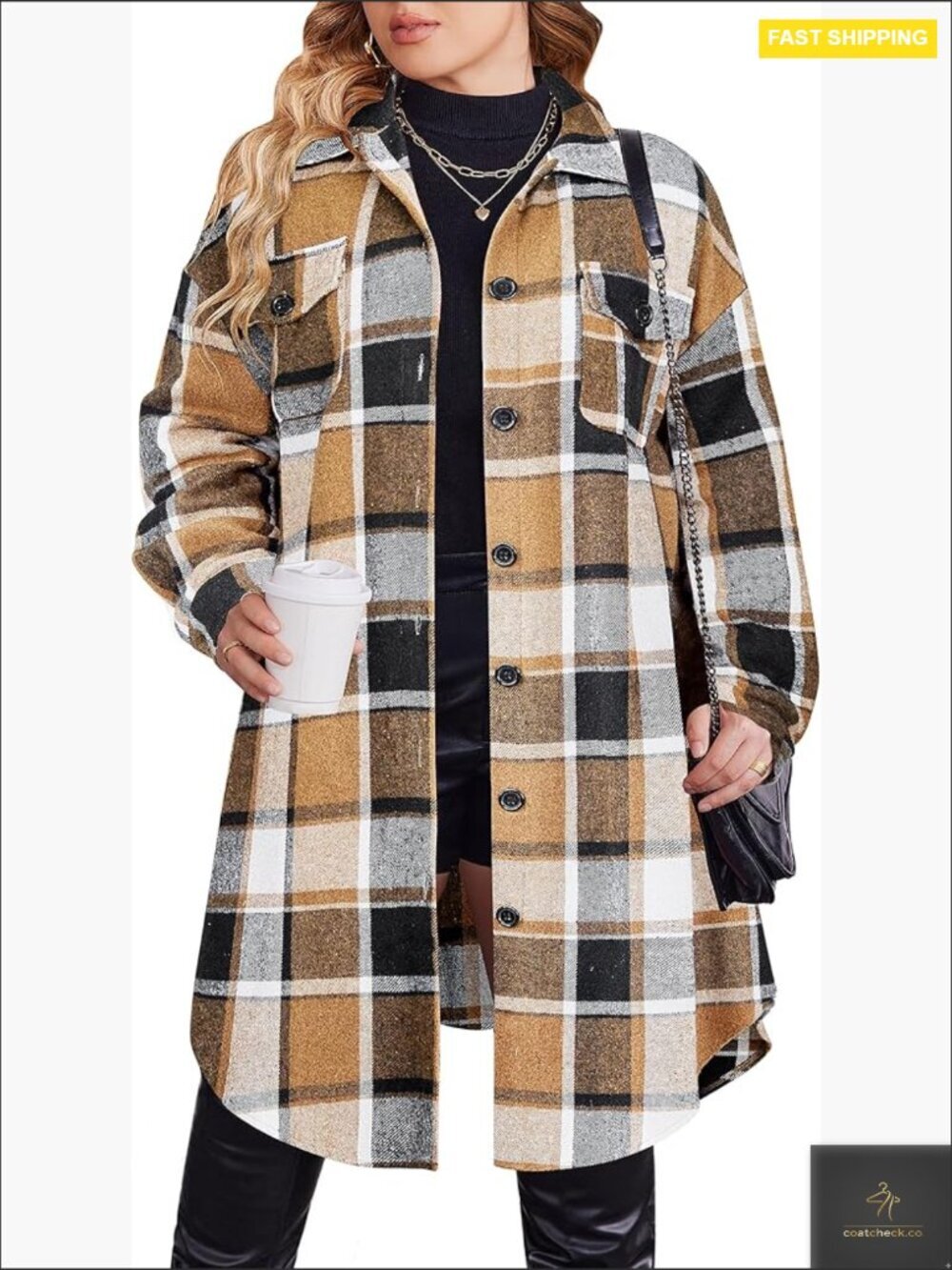 Plus Size Flannel Button Down Shirt Long Sleeve Lapel Tartan Shacket Jacket